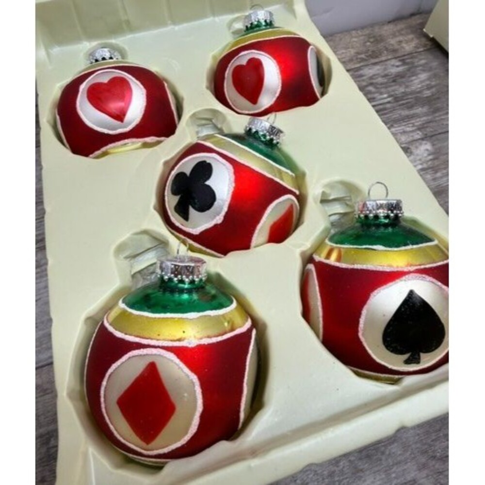 Vintage Glass - Card Playing Themed Christmas Ornaments Set of 6 w/ Original Box